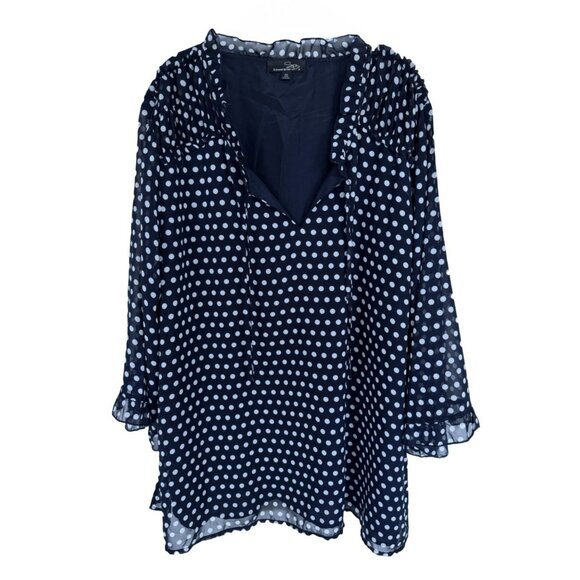 Suzanne Betro 4X NAVY White Polka Dot Ruffle Neck 3/4 Sleeve Top Tunic Blouse - Picture 2 of 14